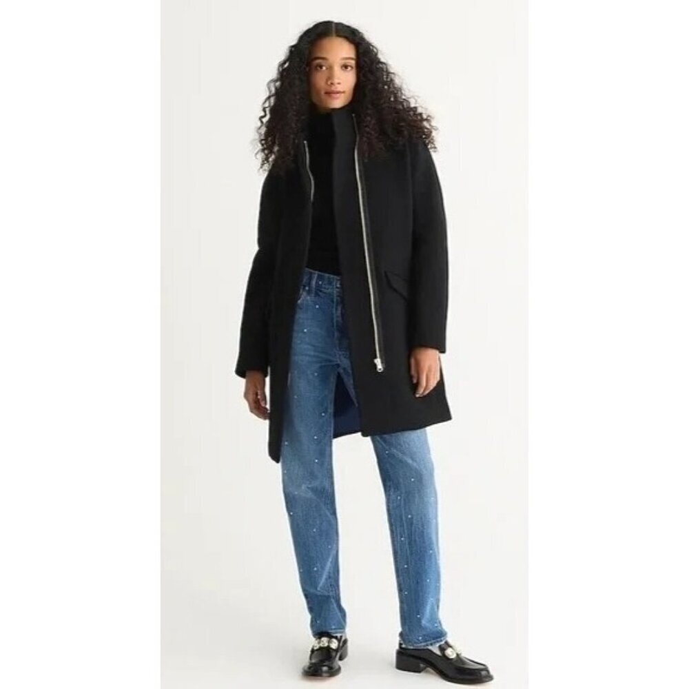 J Crew Coat Women 00 Petite Black‎ Wool Blend Stadium Cloth Full Zip Cocoon
